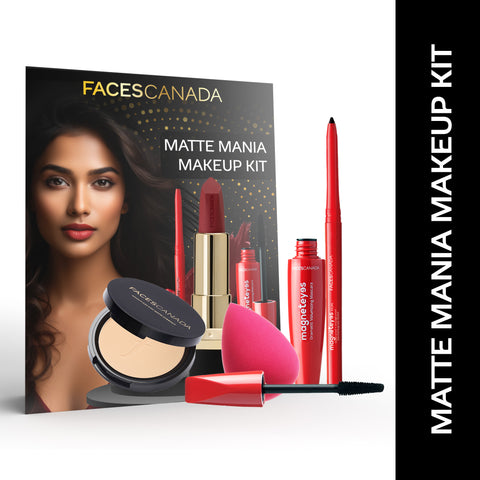 FACES CANADA Matte Mania Makeup Kit - Kajal (0.35 gm) + Lipstick (4.2 gm) + Compact (9 gm) + Mascara (9.5 ml) + Beauty Blender | Pack of 5 | Makeup Kit For Women