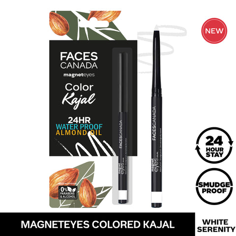 FACES CANADA Magneteyes Color Kajal - White Serenity, 0.30 gm | Highly Pigmented Kohl | 12HR Long Stay | Single Stroke Glide | Waterproof & Smudgeproof | Almond Oil Enriched
