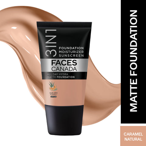 FACES CANADA All Day Hydra Matte Foundation - Mini | 3-in-1 Foundation + Moisturizer + SPF 30 | 24 HR Aloe Hydration & Vitamin C | 10HR Long Wear | Medium to High Buildable Coverage | Caramel Natural | 18 ml