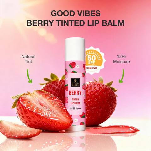 Good Vibes Berry Tinted Lip Balm SPF 50 PA+++ 4 gm | Natural Berry Tint for Rosy Bright Lips | With Hyaluronic Acid Strawberry & Butter Fusion (Coconut Almond & Shea) | Hydrating Nourishing & UV Protective | 12 Hr Moisture | Non-Sticky Formula