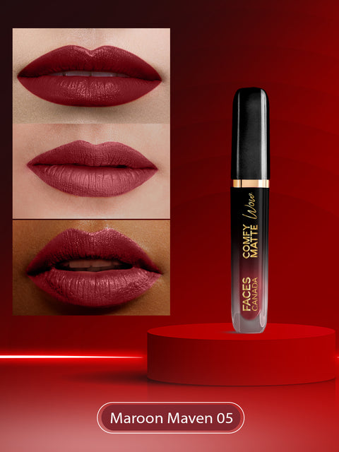 FACES CANADA Comfy Matte Wow Liquid Lipstick Maroon Maven 05, (3.8 ml) | One Swipe Application | Highly Pigmented | Comfortable Wear | Glides Smoothly | Long Lasting | Transferproof