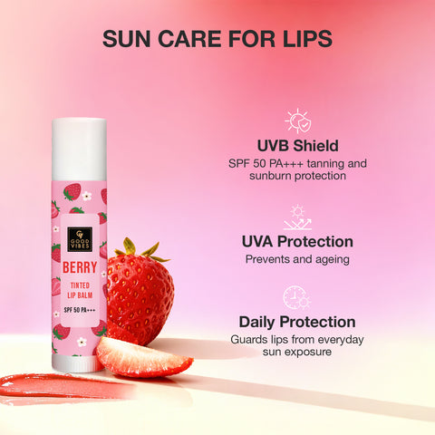 Good Vibes Berry Tinted Lip Balm SPF 50 PA+++ 4 gm | Natural Berry Tint for Rosy Bright Lips | With Hyaluronic Acid Strawberry & Butter Fusion (Coconut Almond & Shea) | Hydrating Nourishing & UV Protective | 12 Hr Moisture | Non-Sticky Formula