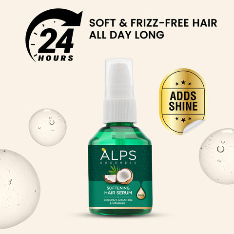 Alps Goodness Softening Hair Serum with Coconut, Argan Oil & Vitamin E (60 ml) | For Soft & Frizz-Free Hair | Hair Serum for Smoothening | Adds Shine