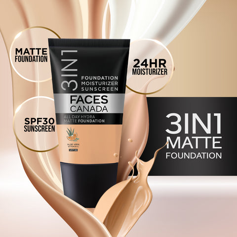FACES CANADA All Day Hydra Matte Foundation - Mini | 3-in-1 Foundation + Moisturizer + SPF 30 | 24 HR Aloe Hydration & Vitamin C | 10HR Long Wear | Medium to High Buildable Coverage | Absolute Ivory | 18 ml
