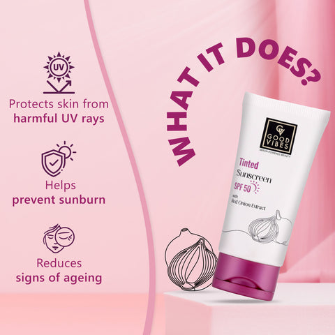 Good Vibes Red Onion Tinted Sunscreen SPF 50 | PA++++ | 5% Red onion Extract | Natural Shield | Glass Skin Effect | UV A & UV B Protection | Blue Light Protection | Sun Cream | Sunblock Sunscreen (50 gm)