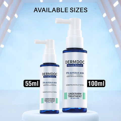 DERMDOC by Purple 5% Glycolic Acid Underarm Brightening Spray Treatment (55 ml) | Exfoliating & Brightening | MultiPurpose Spray for Hyperpigmentation, Dark Spots, Dark Neck, Dark Underarms & Strawberry Legs