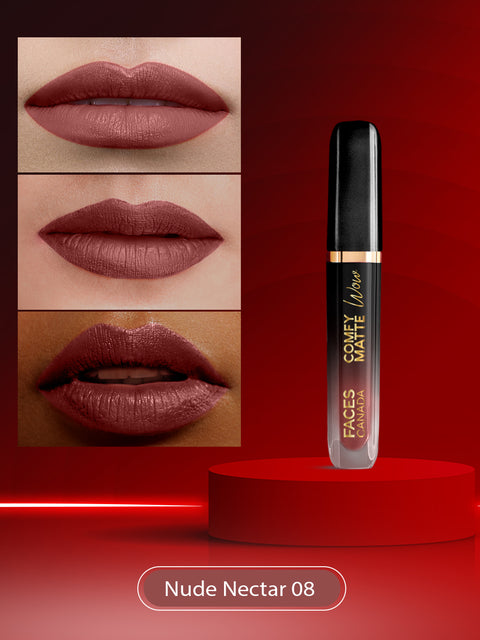 FACES CANADA Comfy Matte Wow Liquid Lipstick Nude Nectar 08, (3.8 ml)| One Swipe Application | Highly Pigmented | Comfortable Wear | Glides Smoothly | Long Lasting | Transferproof