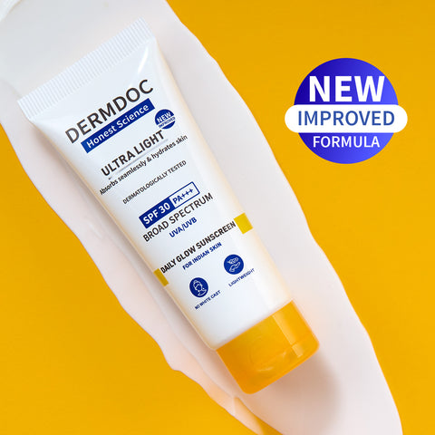 DERMDOC SPF 30 Ultra Light Daily Glow Sunscreen (50 gm) | PA+++ | Sunblock | Lightweight | Non-Greasy | 0 White Cast | Non-Comedogenic