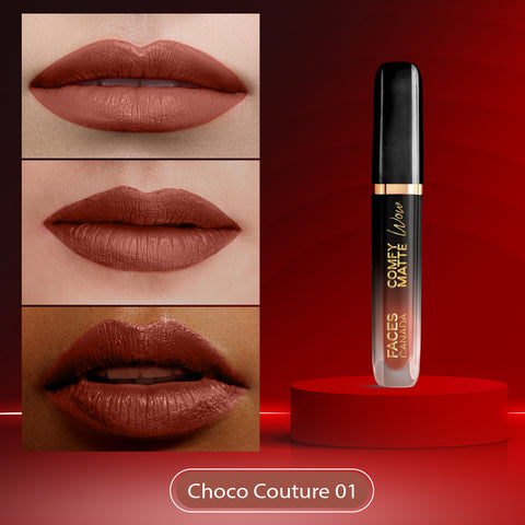 FACES CANADA Comfy Matte Wow Liquid Lipstick - Choco Couture 01, 3.8 ml | One Swipe Application | Highly Pigmented | Comfortable Wear | Glides Smoothly | Long Lasting | Transferproof