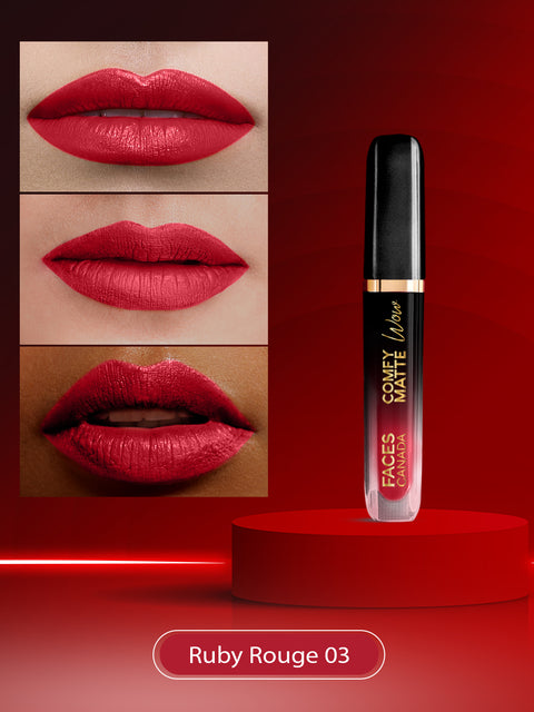 Faces Canada Comfy Matte Wow Liquid Lipstick Ruby Rouge 03, (3.8 ml) | One Swipe Application | Highly Pigmented | Comfortable Wear | Glides Smoothly | Long Lasting | Transferproof