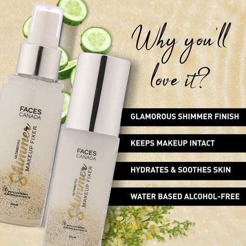 FACES CANADA Ultime Pro Shimmer Makeup Fixer, 100ml | Long Lasting Makeup Setting Spray | Keeps Makeup Intact | Glamourous Shimmer Finish | Hydrates, Soothes & Refreshes Skin | Alcohol Free