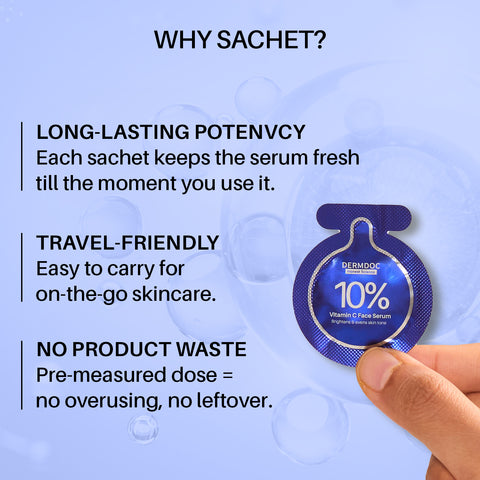 DERMDOC 10% Vitamin C Face Serum Glow Pods (Pack of 20 * 0.5 ml Each) (10 ml) | Potent Face Serum Sachets | Travel-Friendly | Brightening | Fights Dark Spots Pigmentation & Dull Skin | Serum For Acne