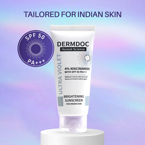 DERMDOC Glow & Shield Duo (Combo of 2) | 4% Niacinamide Ultra Violet Brightening Sunscreen with SPF 50 PA+++ Sun Protection (60 gm) | 10% Vitamin C Face Serum for Glowing Skin (12 ml)