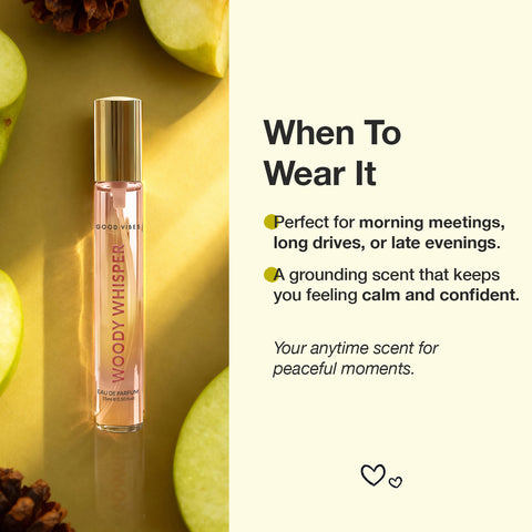 Good Vibes Woody Whisper Eau De Parfum for Women | Long-Lasting Woody Fresh Fragrance | Green Apple Vanilla & Cedarwood Notes | Uplifting Warm & Elegant Perfume | Premium Skin-Safe Travel-Friendly Pocket Perfume for Women & Girls – 15 ml