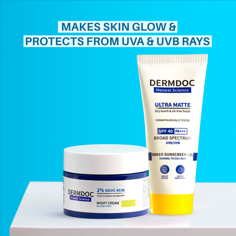 DERMDOC Glow & Protect Combo (Combo of 2) | 2% Kojic Acid Glow Fusion Formula Night Cream (50 gm) | UVA & UVB Broad Spectrum Sun Protection Gel Cream with SPF 40 PA+++ (50 gm)