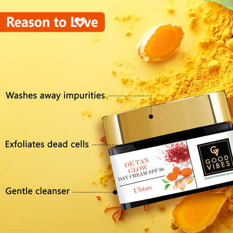 Good Vibes Ubtan De-Tan Glow Day Cream SPF30 | Tan free, Brightening, Depigmentation (50 gm)