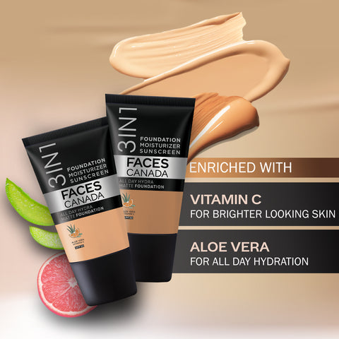FACES CANADA All Day Hydra Matte Foundation - Mini | 3-in-1 Foundation + Moisturizer + SPF 30 | 24 HR Aloe Hydration & Vitamin C | 10HR Long Wear | Medium to High Buildable Coverage | Rose Ivory | 18 ml