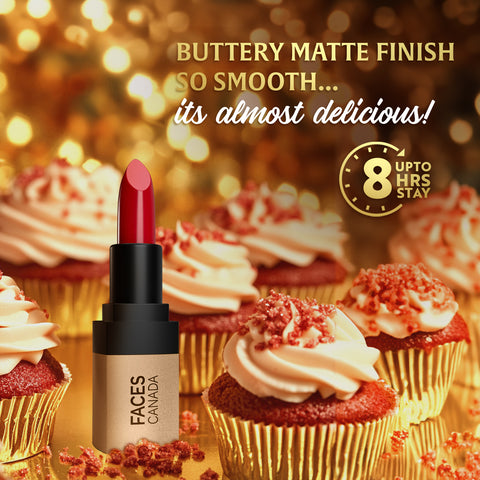 FACES CANADA Comfy Matte Velvet Touch Lipstick - Red Velvet Cake 01, 4.2 gm | Velvety Matte Finish | 8HR Longstay | Intense Colour | Hydrating Lips | Smooth Application | Foodproof & Crackproof