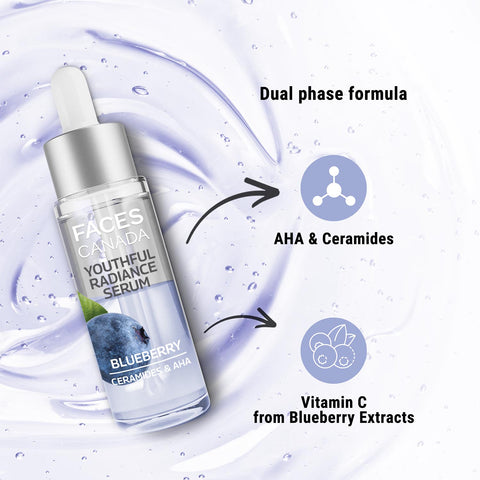 FACES CANADA Youthful Radiance Serum, 27 ml | Blueberry, AHA & Ceramides | Biphasic Face Serum | Anti-Ageing | Brightens, Hydrates, Moisturizes For Younger-Looking, Radiant Skin