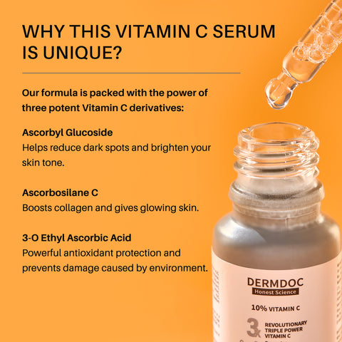 DERMDOC 10% Vitamin C Face Serum for Glowing Skin (12 ml) | Brightening Face Serum | Fight Dark Spots, Pigmentation & Dull Skin