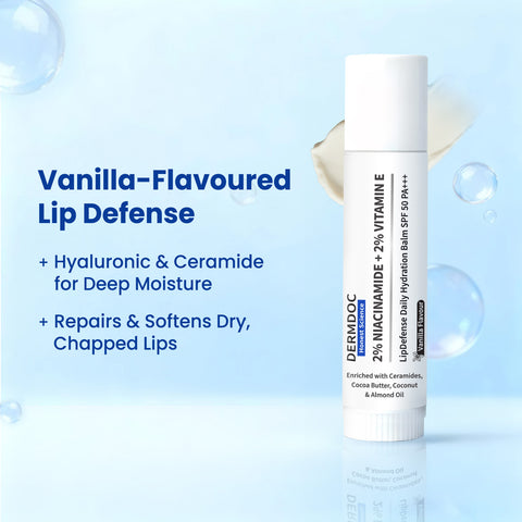 DermDoc 2% Niacinamide + 2% Vitamin E Vanilla Lip Defense Lip Balm SPF 50 PA+++ | Hydrates Repairs & Protects Dry Chapped Lips | UV Defense + 4 Hr Water Resistance | Deep Moisturization Coconut & Almond Oil - 4 gm