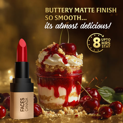 FACES CANADA Comfy Matte Velvet Touch Lipstick - Cherry Pie 02, 4.2 gm | Velvety Matte Finish | 8HR Longstay | Intense Colour | Hydrating Lips | Smooth Application | Foodproof & Crackproof