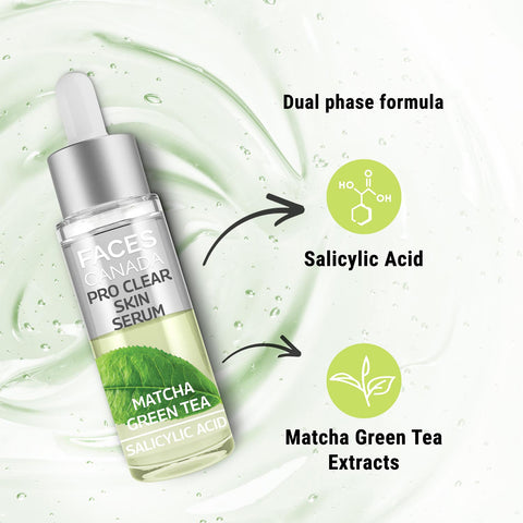 FACES CANADA Pro Clear Skin Serum, 27 ml | Matcha Green Tea & Salicylic Acid | Biphasic Face Serum | Nourishes & Soothes For Clear, Radiant & Acne-Free Skin | Helps Reduce Redness & Unclogs Pores