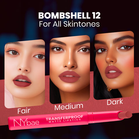 NY Bae Transfer-proof Matte Crayon Lipstick – Bombshell 12 - 2 gm Creamy & Moisturizing | Vitamin E | Feather Light Texture | 12 shades for all Indian skin tones | Smudge Proof | Retractable Easy to Use | Smooth Application | 8 hrs + Stay