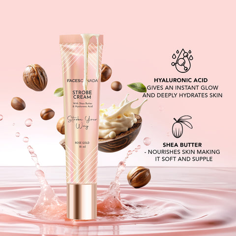 FACES CANADA Strobe Cream Mini- Rose Gold, (18 gm) | Primer + Highlighter + Moisturizer | Shea Butter & Hyaluronic Acid | Intense Hydration | Flawless Radiant Dewy Skin | Illuminating & Glowing Makeup Base