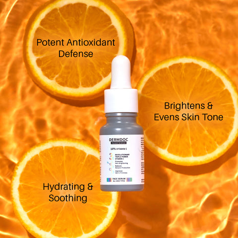 DERMDOC 10% Vitamin C Face Serum for Glowing Skin (12 ml) | Brightening Face Serum | Fight Dark Spots, Pigmentation & Dull Skin