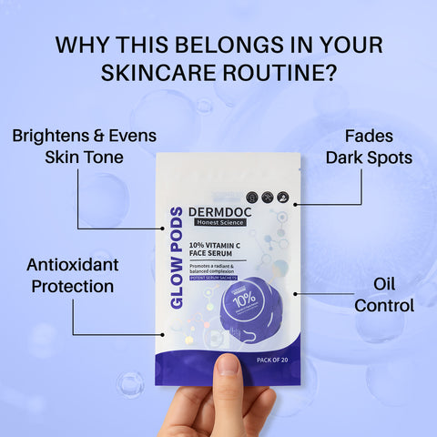 DERMDOC 10% Vitamin C Face Serum Glow Pods (Pack of 20 * 0.5 ml Each) (10 ml) | Potent Face Serum Sachets | Travel-Friendly | Brightening | Fights Dark Spots Pigmentation & Dull Skin | Serum For Acne