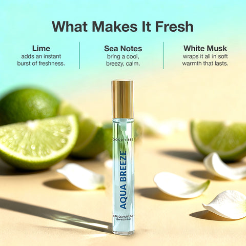 Good Vibes Aqua Breeze Eau de Parfum – Lime & Sea Breeze Notes | Fresh Aquatic Perfume | Light, Clean & Breezy Scent | Long-Lasting up to 10 Hours | Everyday Refreshing Pocket Perfume for Men & Women – 15 ml