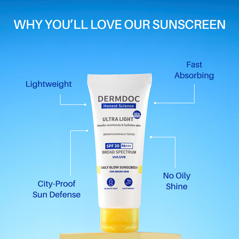 DERMDOC SPF 30 Ultra Light Daily Glow Sunscreen (50 gm) | PA+++ | Sunblock | Lightweight | Non-Greasy | 0 White Cast | Non-Comedogenic