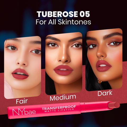 NY Bae Transfer-proof Matte Crayon Lipstick – Tuberose 05 - 2 gm Creamy & Moisturizing | Vitamin E | Feather Light Texture | 12 shades for all Indian skin tones | Smudge Proof | Retractable Easy to Use | Smooth Application | 8 hrs+ Long Lasting