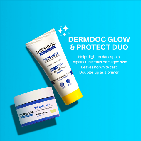 DERMDOC Glow & Protect Combo (Combo of 2) | 2% Kojic Acid Glow Fusion Formula Night Cream (50 gm) | UVA & UVB Broad Spectrum Sun Protection Gel Cream with SPF 40 PA+++ (50 gm)