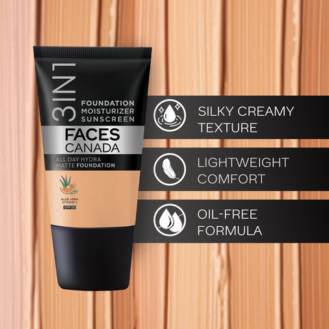 FACES CANADA All Day Hydra Matte Foundation - Mini | 3-in-1 Foundation + Moisturizer + SPF 30 | 24 HR Aloe Hydration & Vitamin C | 10HR Long Wear | Medium to High Buildable Coverage | Absolute Ivory | 18 ml