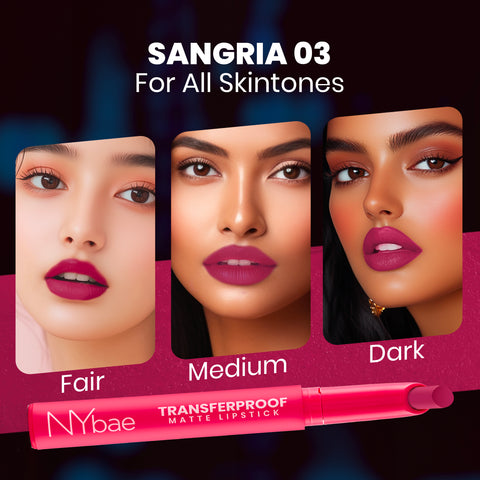 NY Bae Transfer-proof Matte Crayon Lipstick – Sangria 03 - 2 gm Creamy & Moisturizing | Vitamin E | Feather Light Texture | 12 shades for all Indian skin tones | Smudge Proof | Retractable Easy to Use | Smooth Application | 8 hrs+ Long Lasting