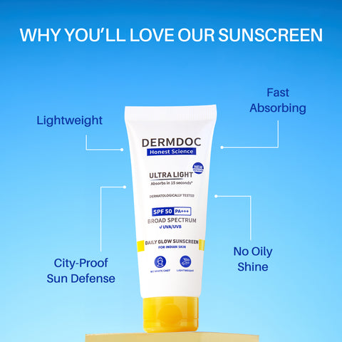 DERMDOC SPF 50 Ultra Light SPF Daily Glow Sunscreen (70 gm) | 50 gm + Extra 20 gm Free | Face Sunscreen | Lightweight | Non-Greasy | 0 White Cast | Oily Skin Friendly | Sunblock | PA+++ | Non-Comedogenic