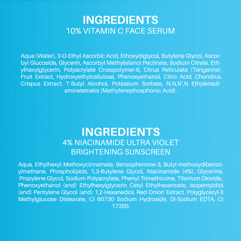 DERMDOC Glow & Shield Duo (Combo of 2) | 4% Niacinamide Ultra Violet Brightening Sunscreen with SPF 50 PA+++ Sun Protection (60 gm) | 10% Vitamin C Face Serum for Glowing Skin (12 ml)