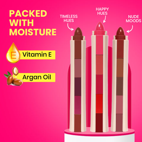 NY Bae 5 IN 1 Lipstick - Happy Hues 01 (6.5 gm) | Creamy Matte | Lip Crayon | Multi-use: Blush, Eyeshadow, Lip Liner, Bronzer | Pink & Red Shades | Travel Kit