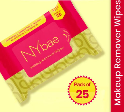 NY Bae Makeup Remover Wipes - Pack of 25 | Cleansing Facial Wipes | Refreshing | Alcohol Free | Sulphate Free | Compact | Travel Friendly