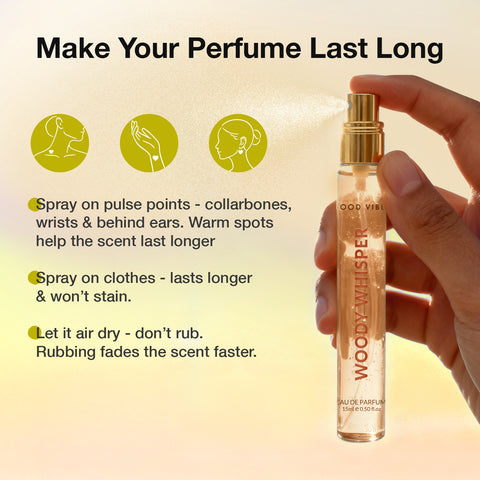 Good Vibes Woody Whisper Eau De Parfum for Women | Long-Lasting Woody Fresh Fragrance | Green Apple Vanilla & Cedarwood Notes | Uplifting Warm & Elegant Perfume | Premium Skin-Safe Travel-Friendly Pocket Perfume for Women & Girls – 15 ml