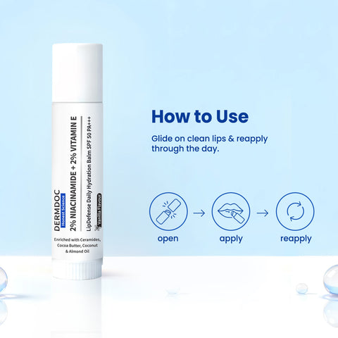 DermDoc 2% Niacinamide + 2% Vitamin E Vanilla Lip Defense Lip Balm SPF 50 PA+++ | Hydrates Repairs & Protects Dry Chapped Lips | UV Defense + 4 Hr Water Resistance | Deep Moisturization Coconut & Almond Oil - 4 gm