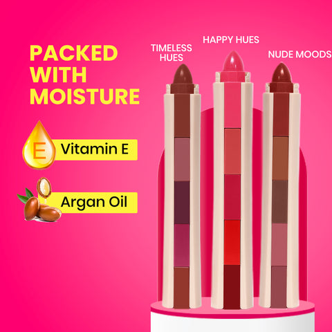 NY Bae 5 IN 1 Lipstick - Timeless Hues 03 (6.5 gm) | Creamy Matte | Lip Crayon | Multi-use: Blush, Eyeshadow, Lip Liner, Bronzer | Pink, Red & Nude Shades | Travel Kit