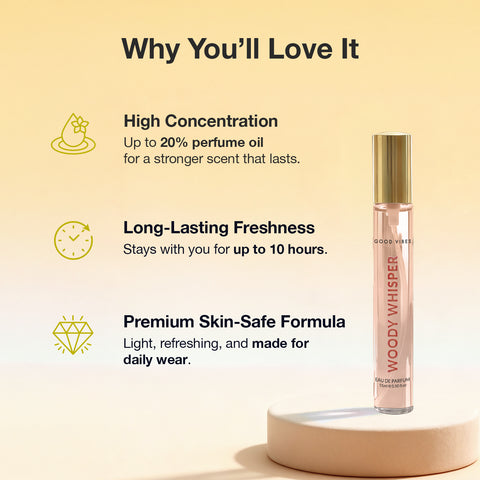 Good Vibes Woody Whisper Eau De Parfum for Women | Long-Lasting Woody Fresh Fragrance | Green Apple Vanilla & Cedarwood Notes | Uplifting Warm & Elegant Perfume | Premium Skin-Safe Travel-Friendly Pocket Perfume for Women & Girls – 15 ml