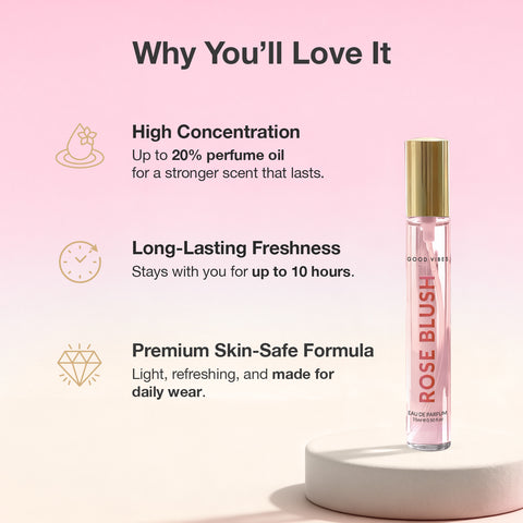 Good Vibes Rose Blush Eau de Parfum – Rose & Vanilla Musk | Soft Floral Perfume | Romantic, Elegant & Sweet Scent | Long-Lasting up to 10 Hours | Travel-Friendly Feminine Pocket Perfume for Women – 15 ml