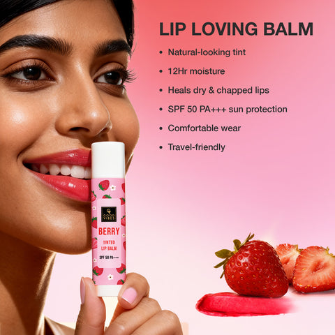 Good Vibes Berry Tinted Lip Balm SPF 50 PA+++ 4 gm | Natural Berry Tint for Rosy Bright Lips | With Hyaluronic Acid Strawberry & Butter Fusion (Coconut Almond & Shea) | Hydrating Nourishing & UV Protective | 12 Hr Moisture | Non-Sticky Formula