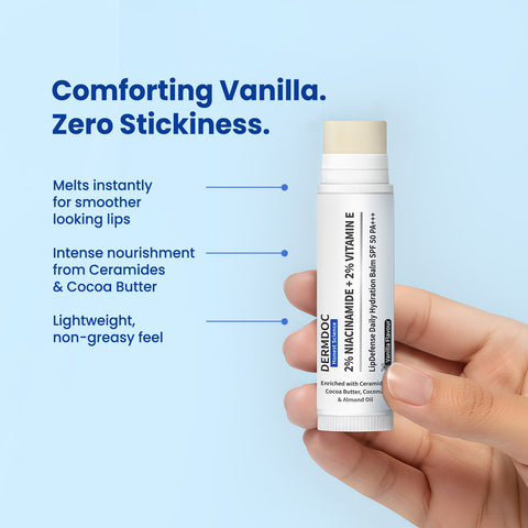 DermDoc 2% Niacinamide + 2% Vitamin E Vanilla Lip Defense Lip Balm SPF 50 PA+++ | Hydrates Repairs & Protects Dry Chapped Lips | UV Defense + 4 Hr Water Resistance | Deep Moisturization Coconut & Almond Oil - 4 gm