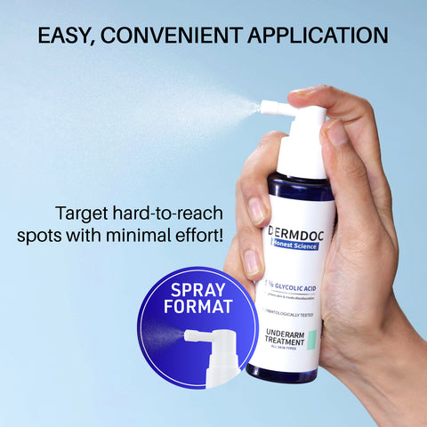 DERMDOC by Purple 5% Glycolic Acid Underarm Brightening Spray Treatment (55 ml) | Exfoliating & Brightening | MultiPurpose Spray for Hyperpigmentation, Dark Spots, Dark Neck, Dark Underarms & Strawberry Legs