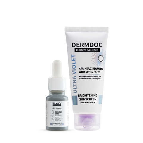 DERMDOC Glow & Shield Duo (Combo of 2) | 4% Niacinamide Ultra Violet Brightening Sunscreen with SPF 50 PA+++ Sun Protection (60 gm) | 10% Vitamin C Face Serum for Glowing Skin (12 ml)